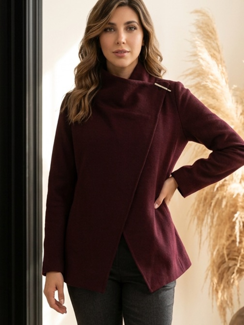Tahari Asymmetric Funnel Neck Cardigan - Burgundy